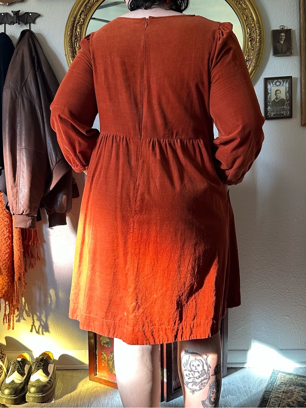 Rust orange corduroy babydoll dress - Picture 2 of 3